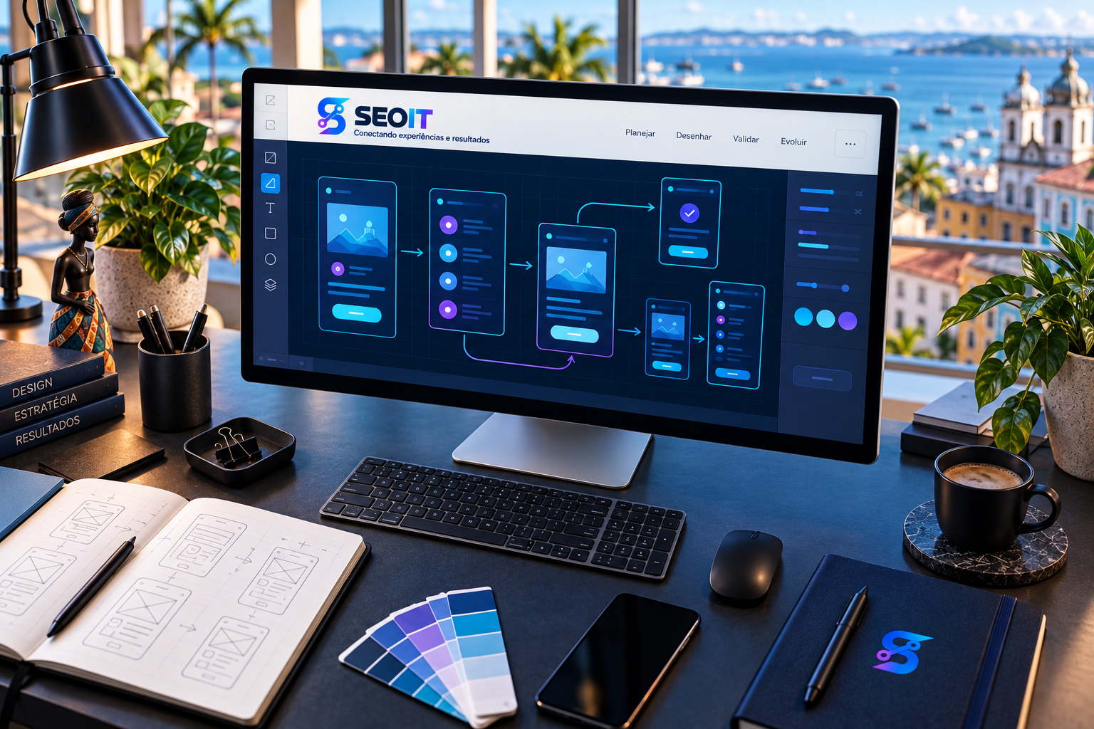 Mockup SEOIT de design de interfaces em um estúdio com vista para a Baía de Todos os Santos